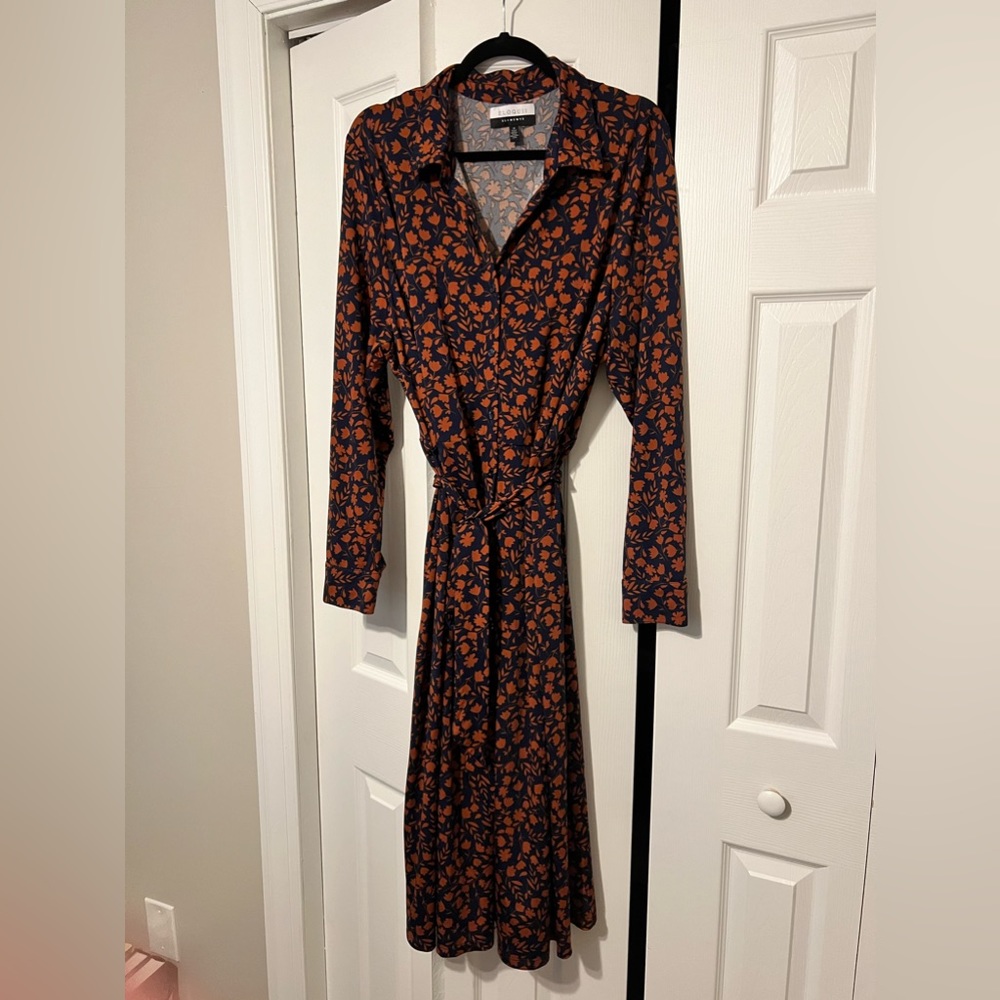 Eloquii elements navy and burnt orange floral print tie waist dress